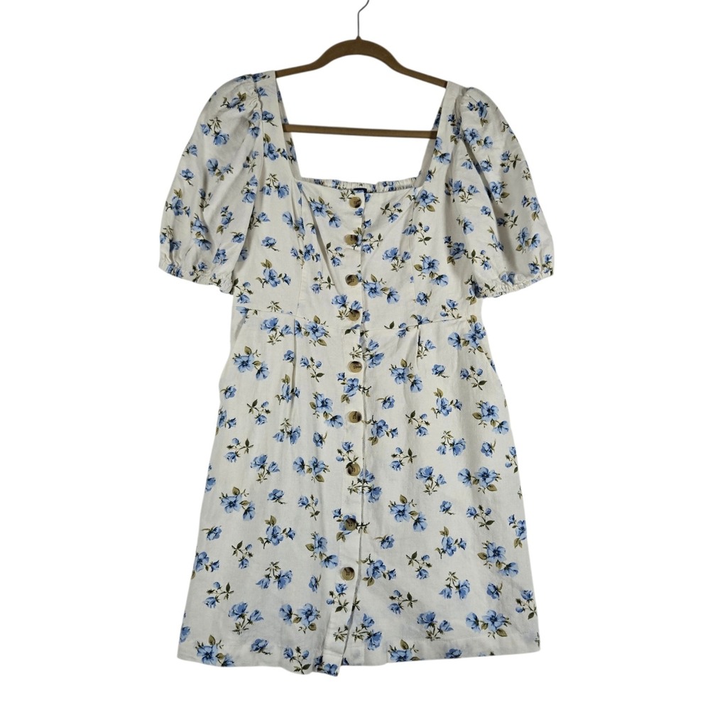 Old Navy Linen Blend Dress Womens Small White Blue‎ Floral Cottagecore Mini